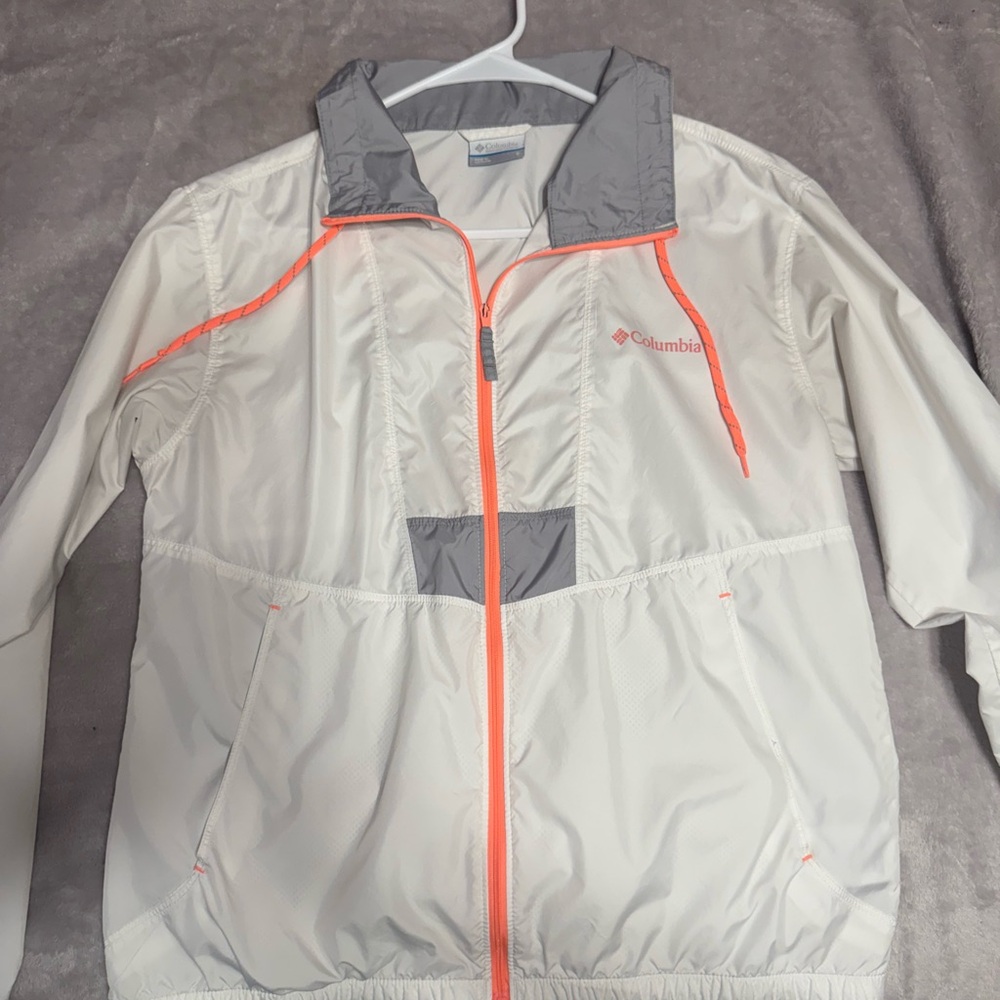 Columbia Light Gray and White Jacket with Neon Orange Highlights